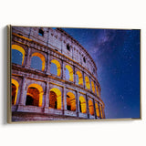 Framed canvas of the Colosseum in muted gold and black tones, vintage poster style, ideal for bedroom wall art.
