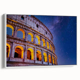 Vintage poster art of the Colosseum in Rome on a framed canvas, featuring a monochrome palette, ideal for living room decor.