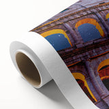 Art deco poster of the Colosseum in muted earth tones on rolled canvas, suitable for dining room decor.