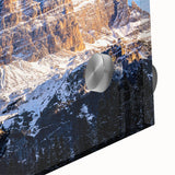 Large abstract depiction of the Dolomites in muted earth tones on acrylic glass, suitable for dining room art.