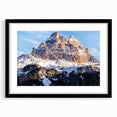 Extra large, textured abstract art print of Dolomites scenery in vibrant colors on a black framed canvas.