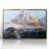 Framed acrylic print of the Dolomites in Italy, featuring muted earth tones, ideal for modern art wall decor.