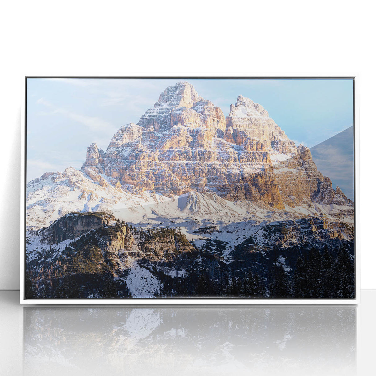 Framed acrylic print of the Dolomites in Italy with muted earth tones, in a mid-century modernist style.