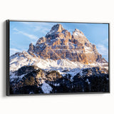 Black and white framed canvas of Dolomites landscape, suitable for bedroom wall art, in a vintage poster style.