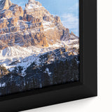 Black framed canvas of the Dolomites in Italy, featuring a textured, colorful art style.