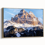 Framed canvas wall art depicting a serene Dolomite landscape in muted earth tones, ideal for bedroom ambiance.