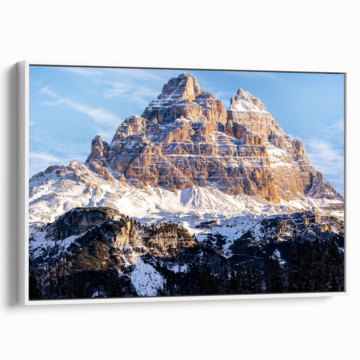 Vintage poster art of the Dolomites in Italy on framed canvas, featuring colorful artwork against a black background.