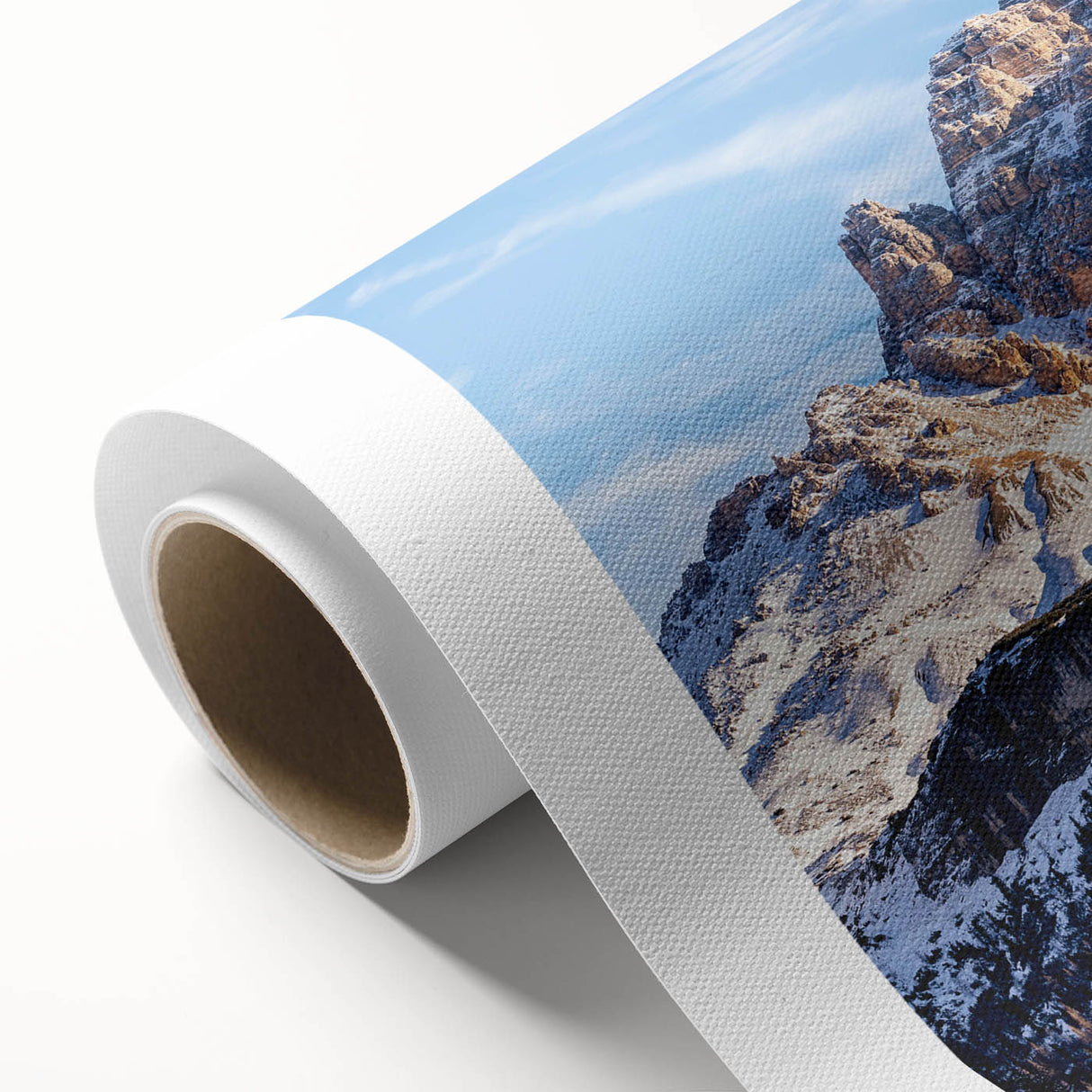 Art deco poster of the Dolomites in Italy, featuring muted earth tones on rolled canvas, ideal for nursery wall art.