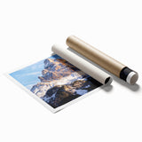 Rolled print of the Dolomites in Italy featuring muted green and blue tones, ideal for classy bathroom wall art.