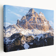 Panoramic view of the Dolomites in Italy on a stretched canvas, featuring earthy green and blue tones.