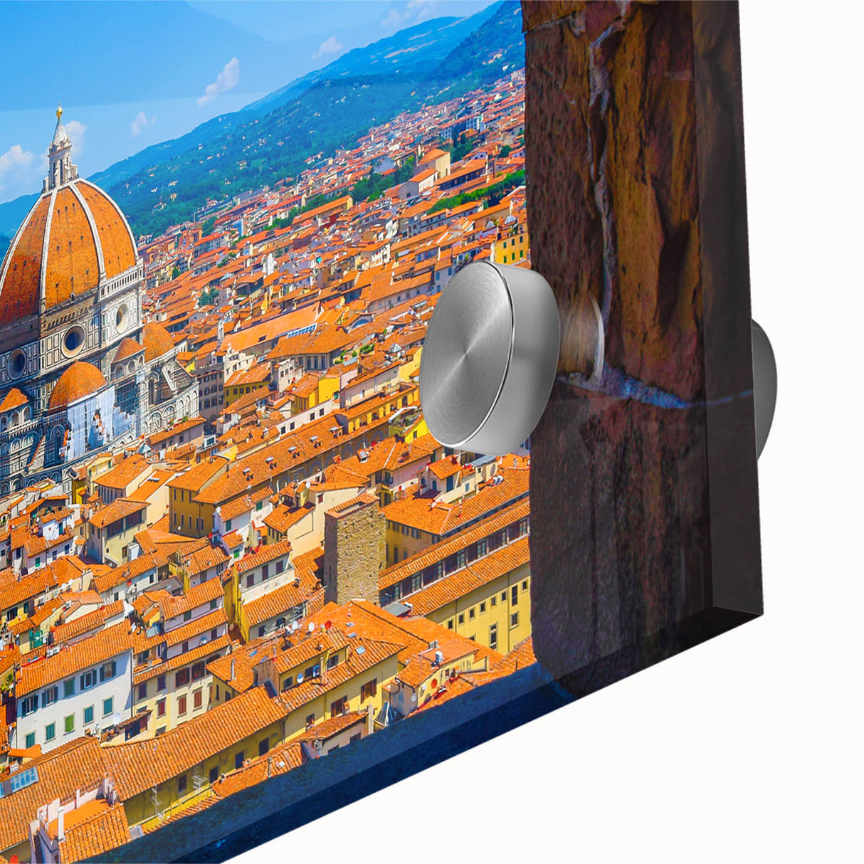 Large abstract depiction of Florence skyline in muted earth tones on acrylic glass, suitable for dining room art.