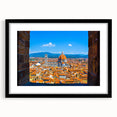 Extra large abstract art print of Florence scenery in vibrant colors on textured canvas, framed in black.