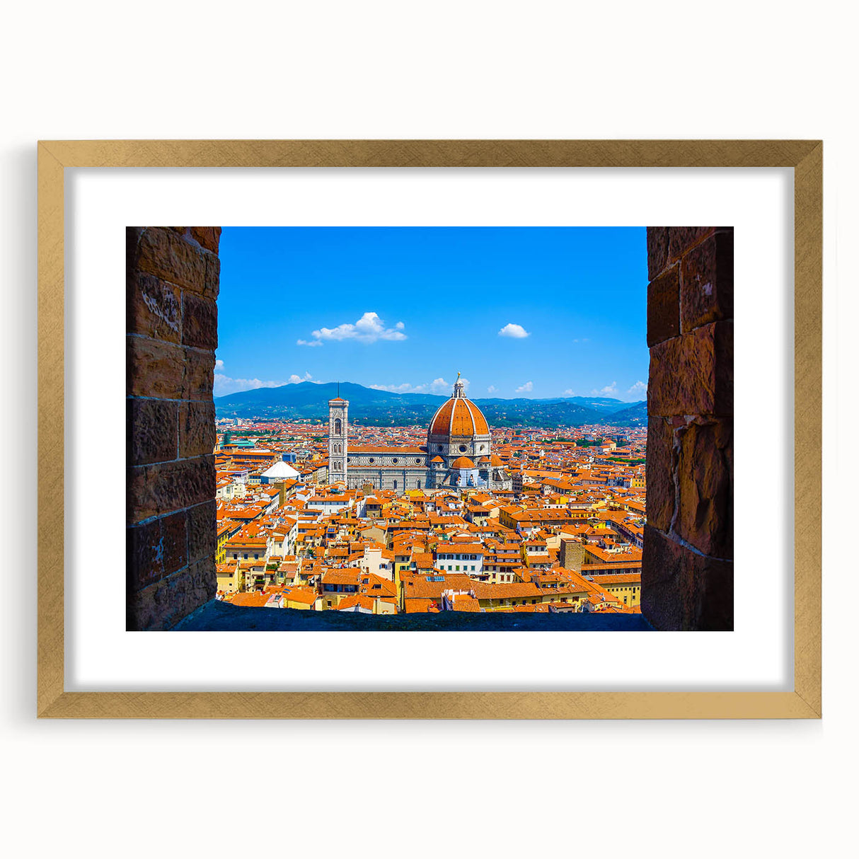 Abstract art print of Florence skyline in muted gold and blue tones on a framed canvas, suitable for dining room decor.
