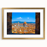 Abstract art print of Florence skyline in muted gold and blue tones on a framed canvas, suitable for dining room decor.