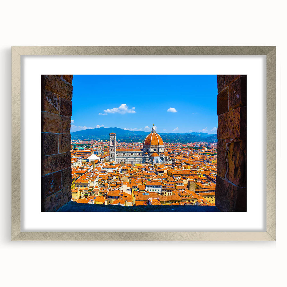 Extra large abstract art print of Florence scenery in muted earth tones, framed with a silver mat.
