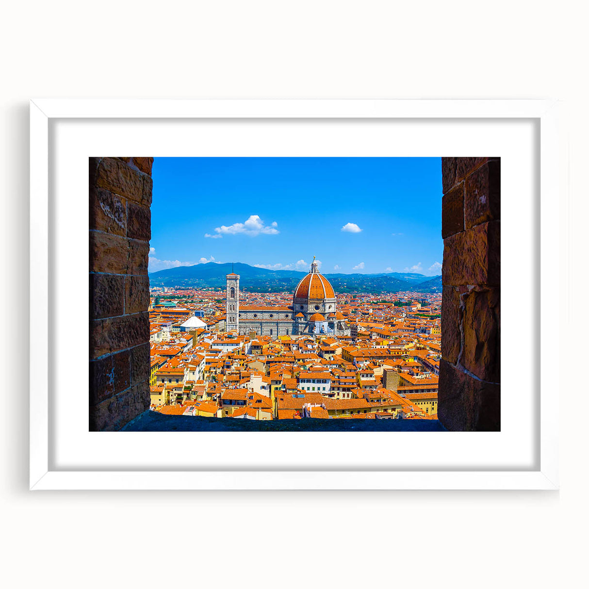 Textured art print of Florence scenery in muted earth tones on a framed white mat, ideal for bedroom art.