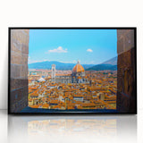 Framed acrylic print of a large abstract rendition of Florence, Italy in muted earth tones, ideal for modern art wall decor.