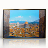 Framed acrylic painting of Florence skyline in muted gold and blue tones, suitable for modern art wall decor.