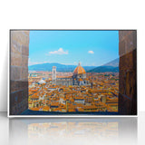 Mid-century modernist art of Florence skyline in muted colors on a framed acrylic, ideal for modern art wall decor.