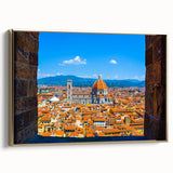 Framed canvas featuring a vintage-style landscape painting of Florence, Italy, in muted gold and black tones.