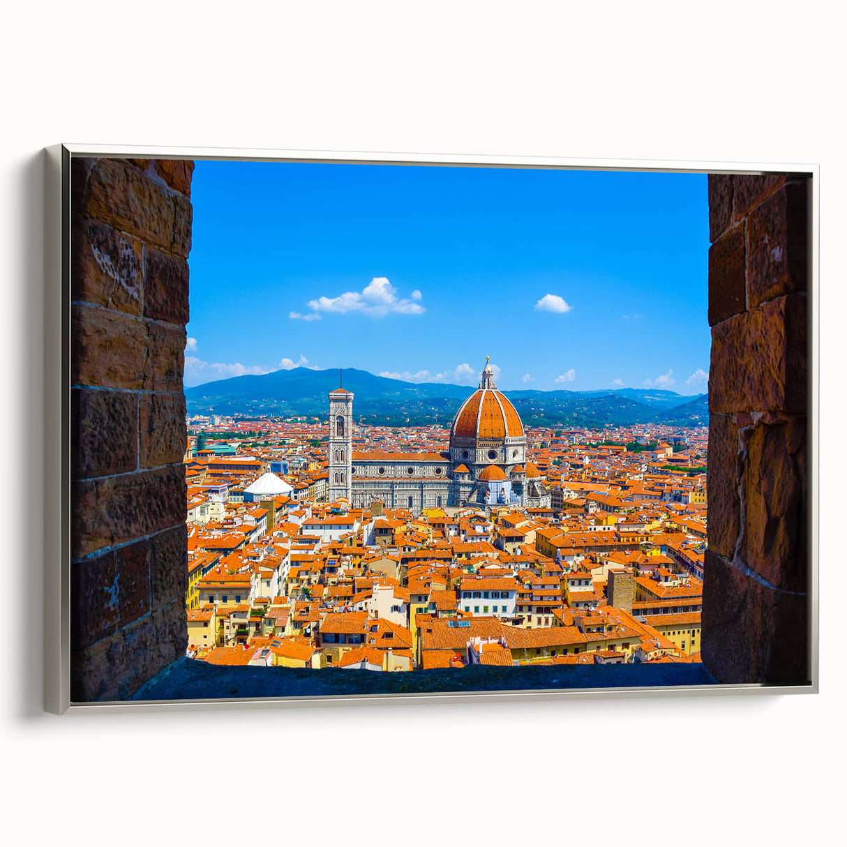 Framed canvas of a vintage-style Florence landscape painting, featuring a colorful palette with black accents.