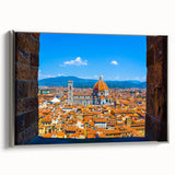 Framed canvas of a vintage-style Florence landscape painting, featuring a colorful palette with black accents.
