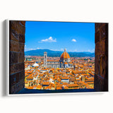 Vintage poster art of Florence skyline in vibrant colors on a large framed canvas, ideal for living room decor.