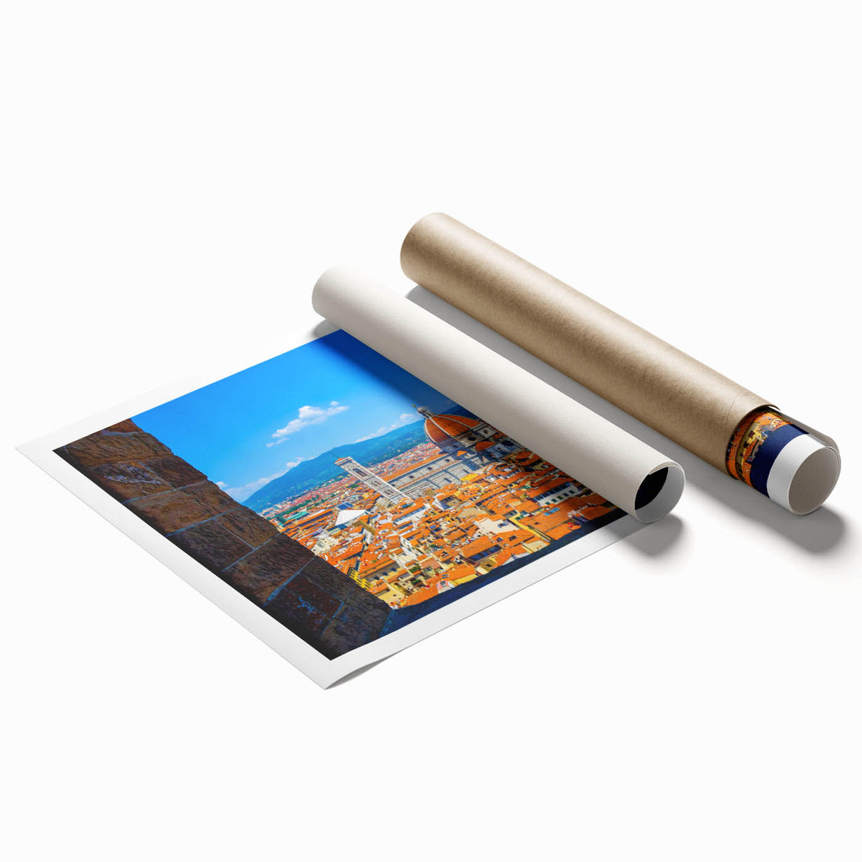 Rolled print of Florence scenery with soft floral elements in muted colors, ideal for classy bathroom wall art.