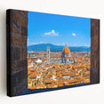 Large art depicting the Florence skyline in muted earth tones on stretched canvas, ideal for kitchen wall art.