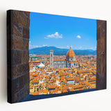 Large art depicting the Florence skyline in muted earth tones on stretched canvas, ideal for kitchen wall art.