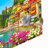 Acrylic print of Lake Como with muted blue and green shades in a mid-century modernist style, ideal for dining room art.