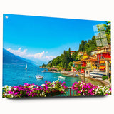 Acrylic print of Lake Como with vivid blue and green tones, ideal for dining room or bedroom decor.