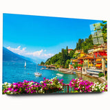 Acrylic print of Lake Como with vivid blue and green tones, ideal for bedroom or dining room art.