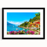 Extra large framed wall art depicting an abstract, colorful view of Lake Como with textured strokes.