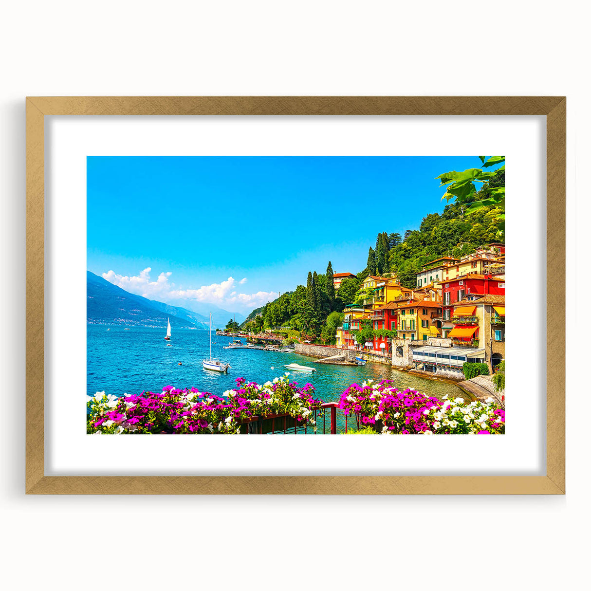 Abstract art print of Lake Como with muted blue and green hues on a framed gold mat, ideal for dining room decor.