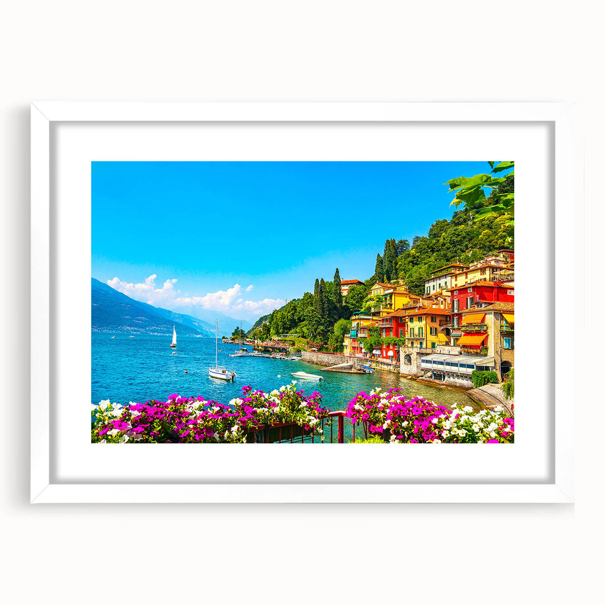 Textured art print of Lake Como with abstract design, using muted blue and green tones on a white framed canvas.