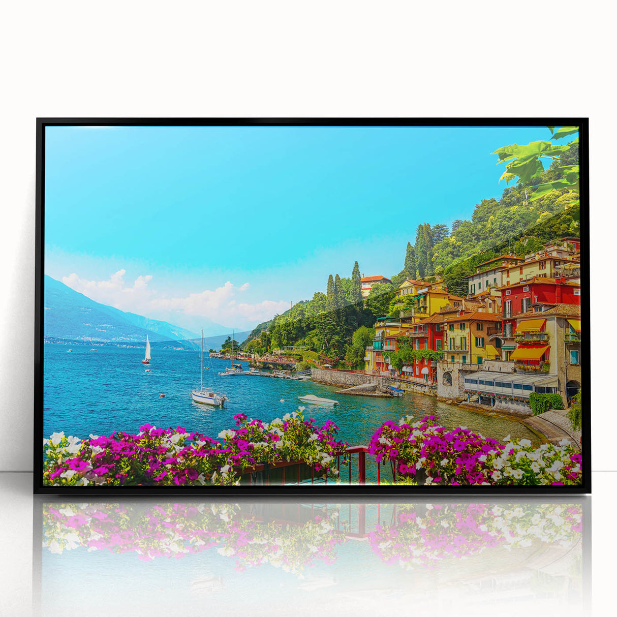 Large abstract wall art of Lake Como with muted blues and greens, framed in black acrylic.