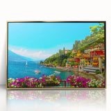 Art deco poster of Lake Como with muted blue and green tones on framed acrylic, ideal for modern art wall decor.