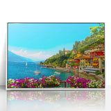 Mid-century modernist art of Lake Como with muted blue and green tones on a framed acrylic, ideal for nursery wall decor.