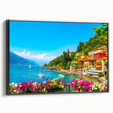 Black and white framed canvas of Lake Como landscape, in a vintage poster art style, suitable for bedroom decor.