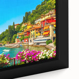 Extra large framed canvas of Lake Como with textured, colorful art on a black background, ideal for living room decor.