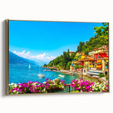 Framed canvas featuring a vintage-style landscape painting of Lake Como with muted earth tones, ideal for bedroom wall art.