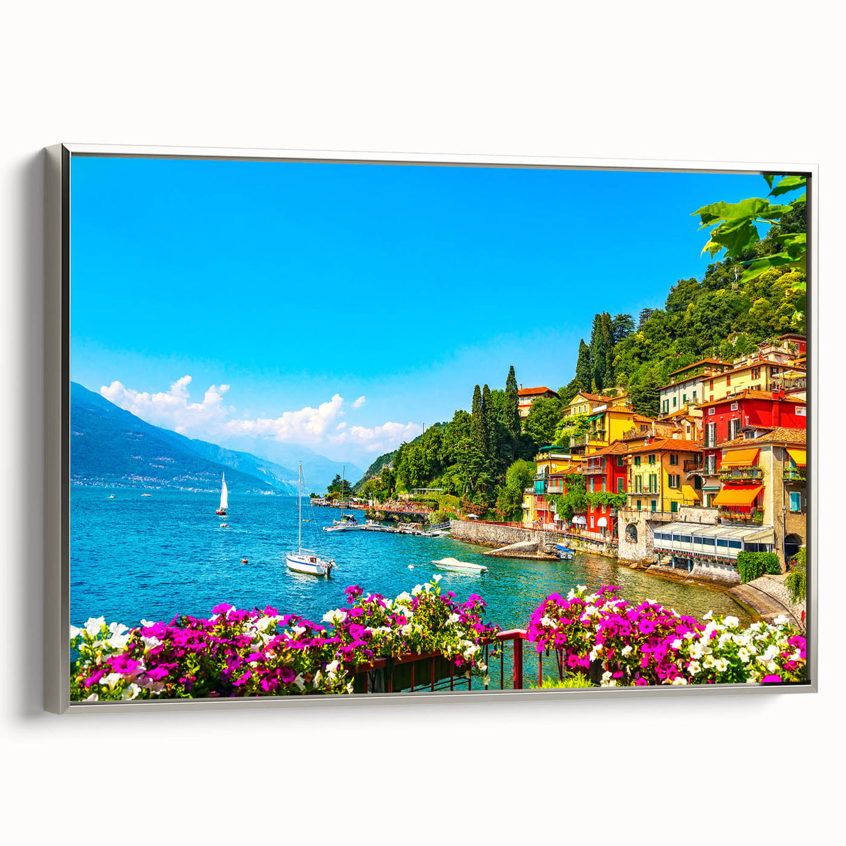 Landscape art painting of Lake Como with vibrant colors on a framed canvas.