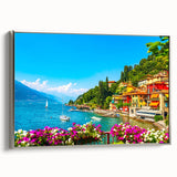 Landscape art painting of Lake Como with vibrant colors on a framed canvas.