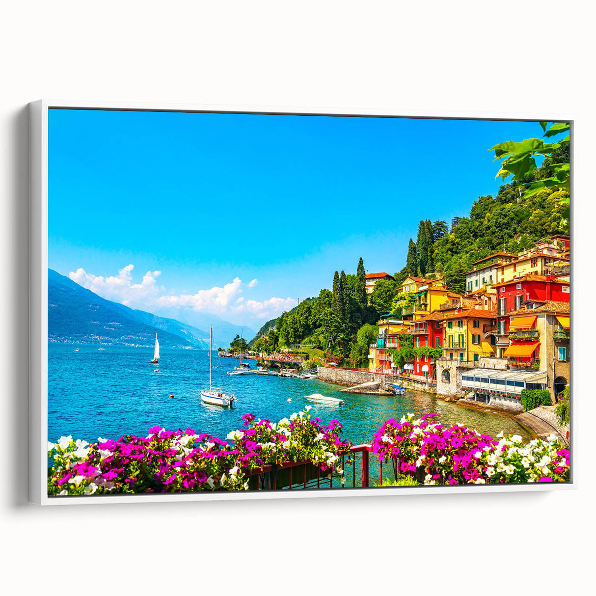 Vintage poster art of Lake Como with colorful imagery on a large framed canvas, ideal for living room decor.