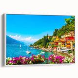 Vintage poster art of Lake Como with colorful imagery on a large framed canvas, ideal for living room decor.