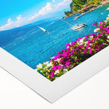 Art deco poster of Lake Como with muted blue and green tones on a rolled canvas, suitable for dining room wall art.