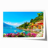 Extra large rolled print of Lake Como with vibrant floral accents, ideal for dining room wall art.