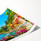 Extra large wall art featuring line art flowers over a scenic Lake Como backdrop, printed on rolled canvas.