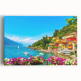 Black and white photograph of Lake Como on stretched canvas, ideal for kitchen wall art or bedroom ambiance.